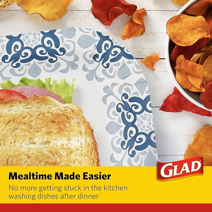 Glad Square Heavy Duty Paper Plates, Soak Proof and Cut Proof Disposable Plates for Parties and Everyday Meals, Microwaveable for Easy Serving, Blue Victorian Pattern, 10 Inch, 50 Count - 12 Pack