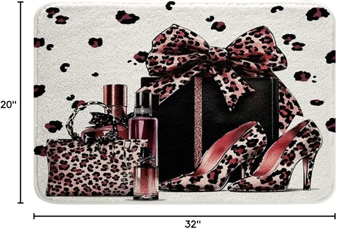 Pink Leopard Bowknot Kids Bath Mats,High-Heeled Shoe Perfume Beauty Mats Rugs for Girls,Cheetah Skin Princess Bath Carpets,Unique Fashion Bath Rugs,Absorbent Floor Mats,20Wx32L Inches