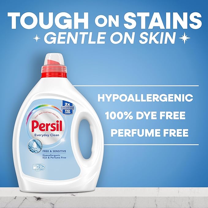 Persil Free & Sensitive Laundry Detergent Liquid, 82.5 Fl Oz, 110 Loads, Ultra Concentrated Laundry Soap, Unscented & Hypoallergenic for Sensitive Skin, All Water Temperatures, HE Safe