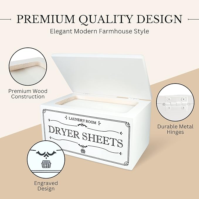 Farmhouse Dryer Sheet Dispenser/Holder Box with hinged Lid - Rustic Farmhouse Laundry Room Organizer - Fabric Softener Dispenser - Storage Container