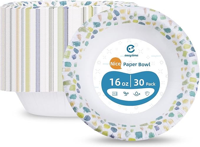 30 Pack Paper Bowls, 16 Oz Disposable Soup Bowl, Heavy Duty Printed Disposable Bowls Bulk For Snacks, Dessert, Breakfast, Lunch And Dinner Meals (Green)