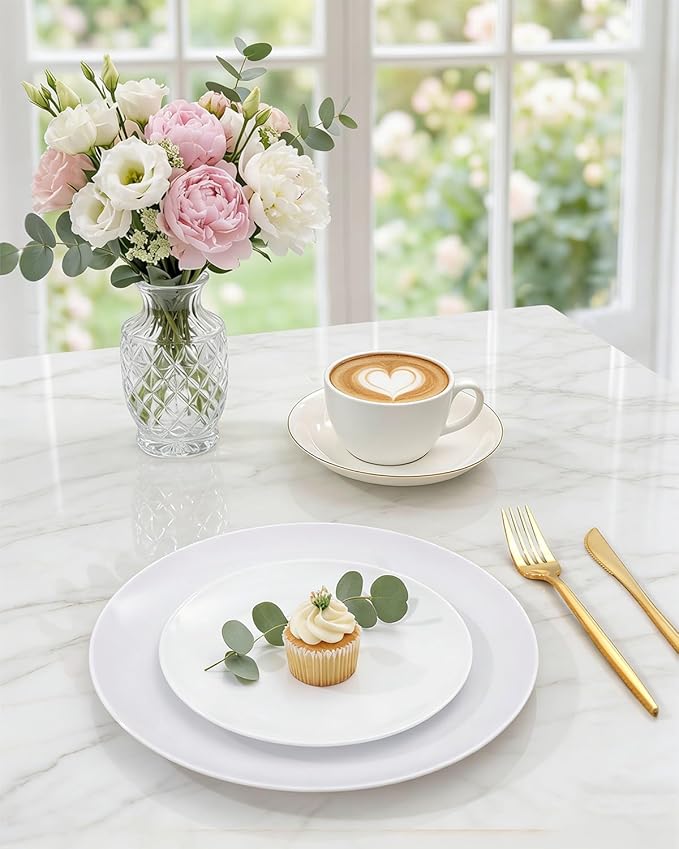 PULOTE 100PCS White Plastic Plates Disposable - Heavyweight 50 White Dinner & 50 Dessert/Salad Plates for Wedding, Party