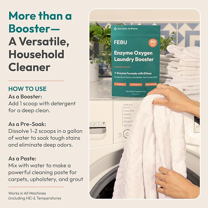 FEBU Enzyme Oxygen Laundry Booster | 7-Enzymes Including DNase | Odor Eliminator & Stain Remover for Sweat, Pet & Musty Odors | Concentrated Powder, Hypoallergenic, USA-Made | Fragrance Free, 2lbs