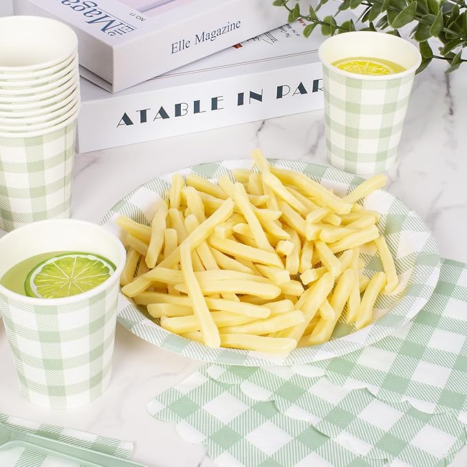 Vyntra 175 Pcs Sage Green & White Checkered Gingham Paper Plates and Napkins Set for 25, 9" Dinner Plates & 7" Dessert Plate, Bridal Shower Garden Party Birthday Party