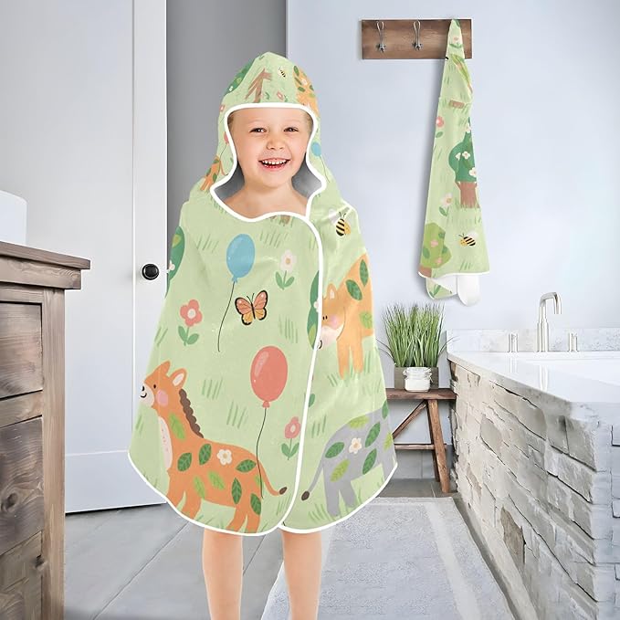 Kids Beach Towels Cartoon Zoo Green Hooded Towels for Kids Quick Dry Bath Towel with Hood