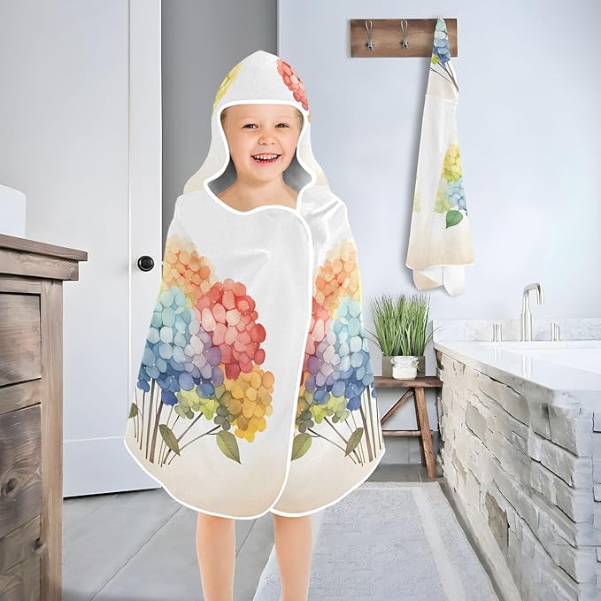 Hooded Towel for Kids Rainbow Hydrangea Pattern Beach Wrap Bath Towels 50x23.5in