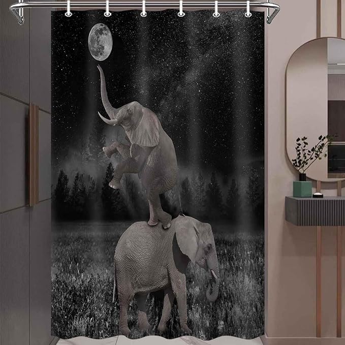 Boziqr Funny Shower Curtains for Bathroom, Cute Elephant Moon Forest Bath Curtain, Rustic Farmhouse Decor Polyester Fabric Fun Cool Animals Black 36 x 70 Inches