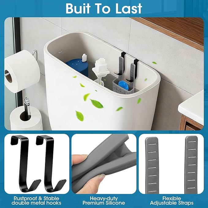 Adjustable Toilet Tank Cleaning Tablet Holder-Hanging Silicone Basket Carrier with Rustproof Hooks for Bowl Cleaner & Bleach Tablet Organizer, Accessory Fit Up to 7" Water Level