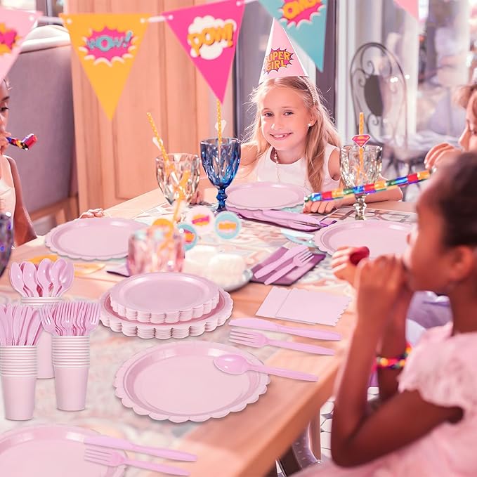 350 Pcs Pink Paper Plates and Napkins, Pink Party Decorations Include Paper Plates Napkins Cups Plastic Cutlery for Girls Birthday, Baby Bridal Shower, Wedding