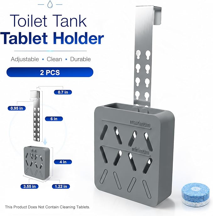 2Pcs Toilet Tank Tablet Holder, Adjustable Silicone Toilet Tablet Holder for Inside Tank, Toilet Bowl Cleaner Holder, Toilet Tank Cleaner Caddy Basket, Helps Reduce Residue Buildup & Flapper Jams Grey
