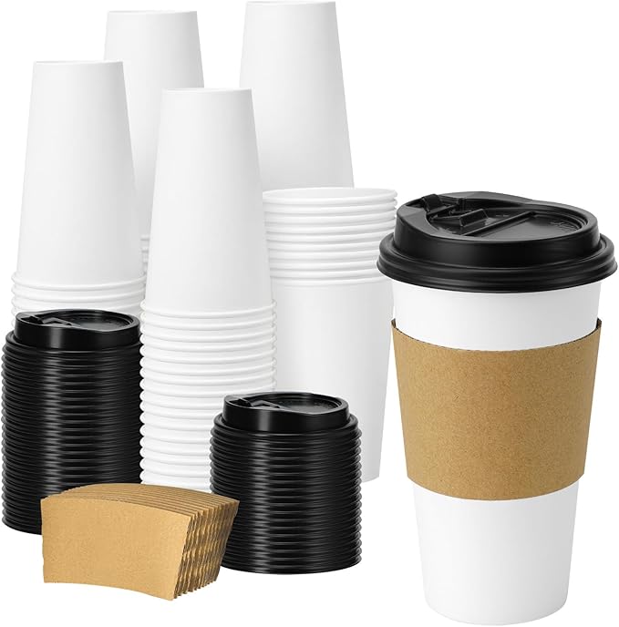 Clawsoff 50 Pack 20 oz Disposable Coffee Cups with Lids and Insulated Sleeves, Leak-free Paper and Sturdy Thick Paper Hot to Go Coffee Cups with Lids for Cold/Hot Beverage (White)