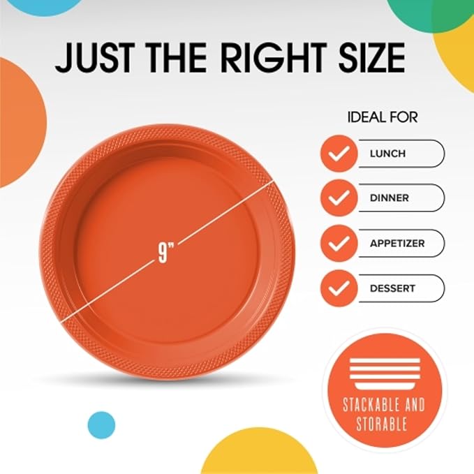 Exquisite Party Solids Orange Plastic Plates For Party Supplies 9" Orange Disposable Plates Heavy Duty 50 Pcs Plastic Dinnerware Sets Heavy Duty 350 GSM Disposable Dinnerware Set
