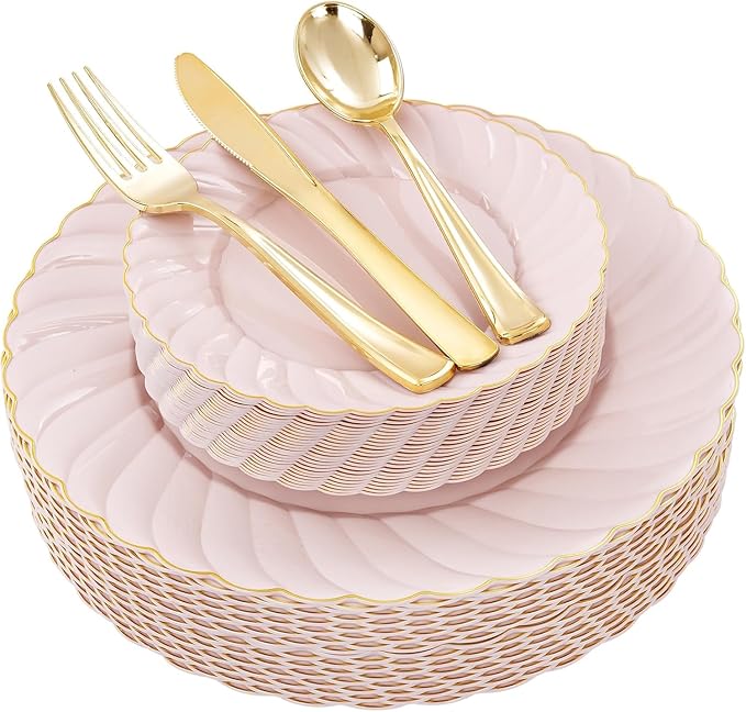 YOUBET 125Pcs Pink Plastic Plates with Gold Rim - Scalloped Plastic Plates Set Includes 25 Dinner, 25 Dessert Plate, 75 Gold Silverware for 25 Guests for Wedding Birthday Baby Shower