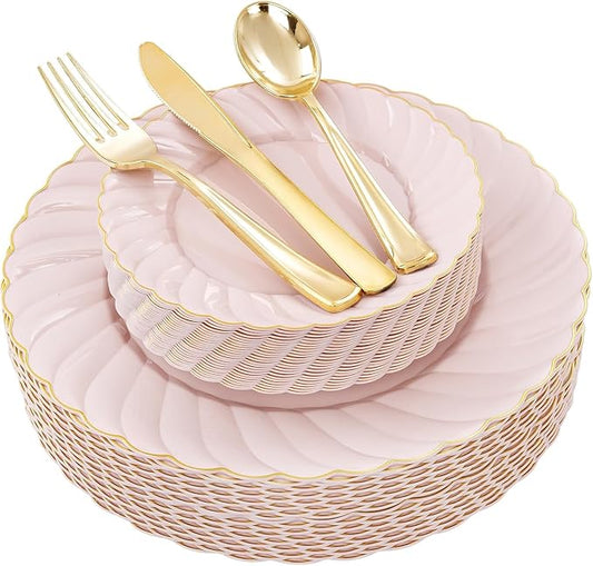 YOUBET 125Pcs Pink Plastic Plates with Gold Rim - Scalloped Plastic Plates Set Includes 25 Dinner, 25 Dessert Plate, 75 Gold Silverware for 25 Guests for Wedding Birthday Baby Shower