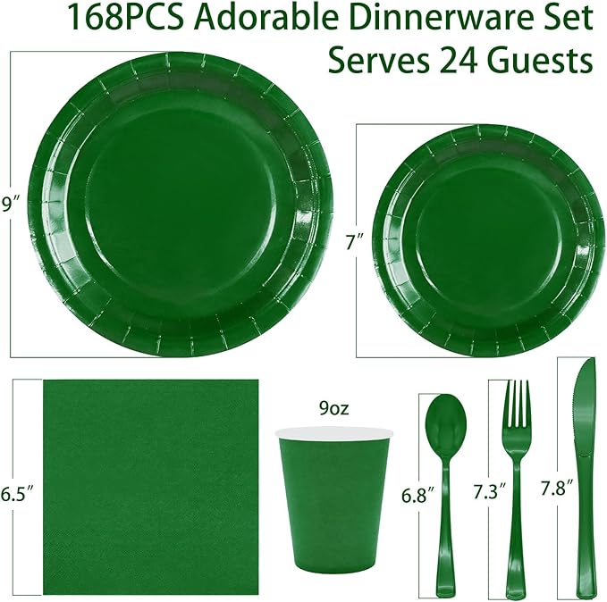 Green Paper Plates Party Supplies,168pcs Green Plates and Napkins Party Supplies Disposable Dinnerware Sets for St. Patrick's Mardi Gras Birthday Decorations Serve 24
