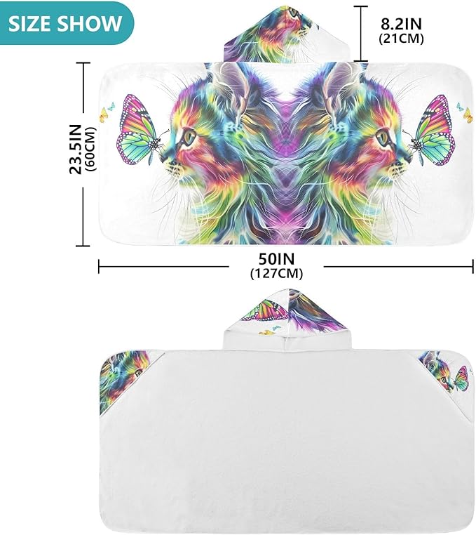 Hooded Towel for Kids Cat of Multiple Colors Staring at Butterfly Beach Wrap Bath Towels 50x23.5in