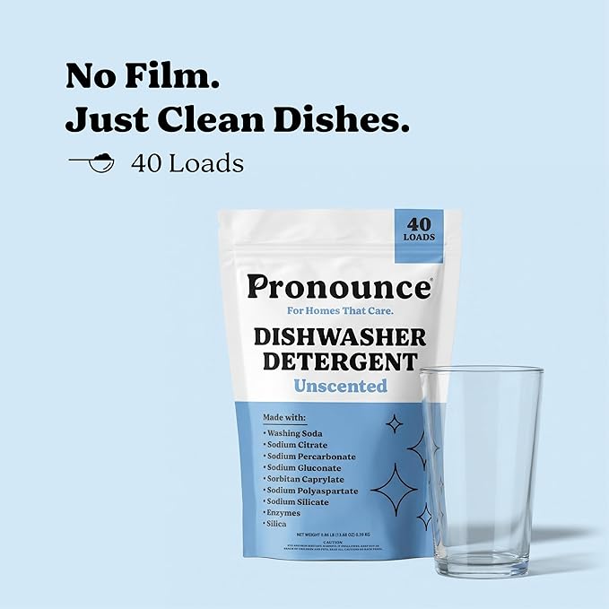 Pronounce Dishwasher Detergent - Cleaner Ingredients, Fragrance Free - Ultra Concentrated Dish Soap, Cuts Grease and Grime, Dishwasher Pods Alternative (Residue-Free). (.86 lb, Unscented)