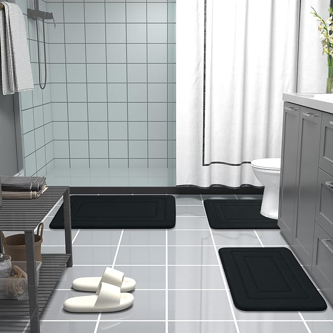 Arotive Memory Foam U-Shaped Toilet Rugs 24" x 20", Super Soft Absorbent Contoured Bathroom Rugs, Machine Washable Contour Bath Mats for Bathroom Toilet Base, Black