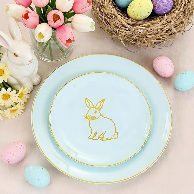 KIRE 60 Pieces Easter plates with Gold Bunny-Mint Green Plastic Plates include 30Pieces 10.25inch Dinner Bunny and 30Pieces 7.5inch Green Dessert/Salad Plates for Easter Day