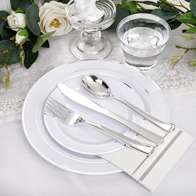 NOCCUR 700PCS Silver Plastic Plates Disposable for 100 Guests - Include 100 Dinner/Dessert White Plastic Plates with Silver Trim,300 Cutlery,100 Cups,100 Napkins for Party&Wedding
