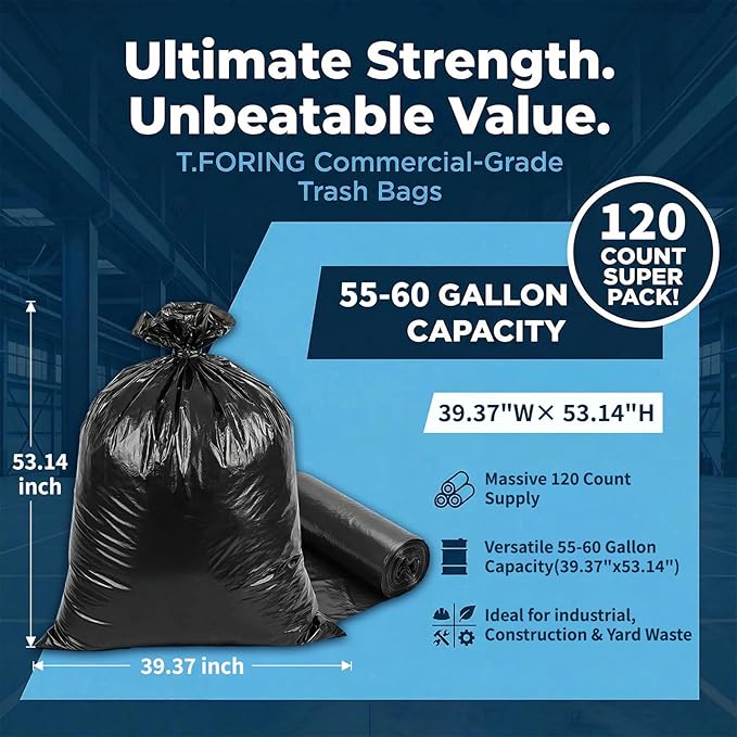 55-60 Gallon Black Trash Bags 120 Count - 40''x53'' Extra Large 50+ Gallon Garbage Bags,Unscented Strong Huge Can Liners for Construction Industrial Yard Outdoor Commercial
