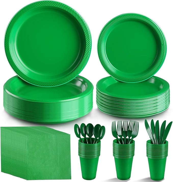 Green Plastic Plates,Green Disposable Plates,Including Green Plates and Napkins, Plastic Cutlery and 12OZ Cups for Engagement Wedding Birthday Graduation,Serve 25 Guests