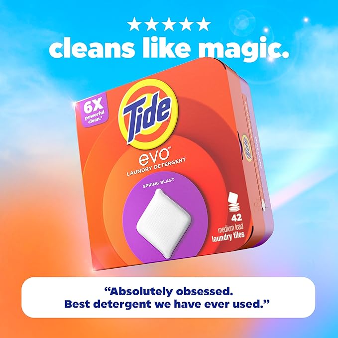 Tide evo Spring Blast Scent Laundry Detergent Fiber Tiles Works on 100% of Common Stains Safe for All Machines and Water Conditions Concentrated HE Compatible Clean and Instant Dissolve, 16 Count