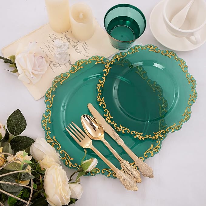 PULOTE 175PCS Clear Green Plastic Plates & Gold Plastic Silverware & Clear Green Cups & Gold Napkins Service 25 Guest for Party&Christmas