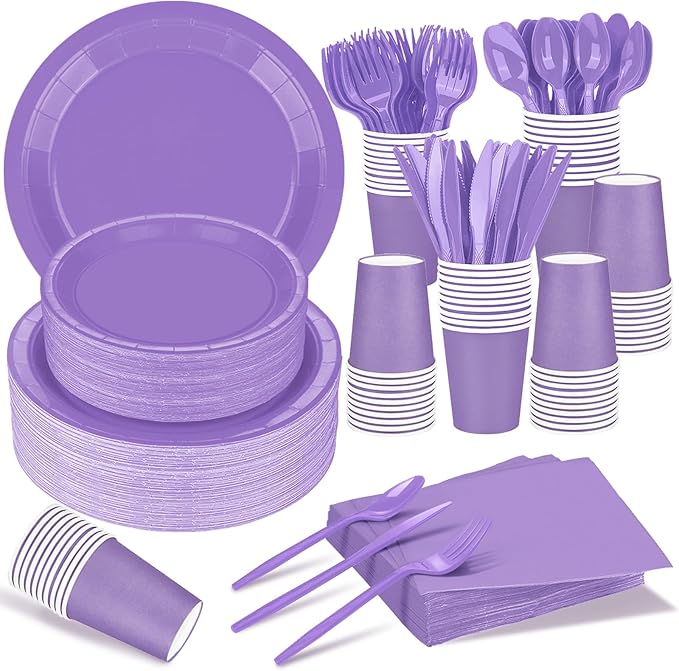 228PCS Lavender Party Supplies Set Include Paper Plates Cups Paper Napkins Plastic Spoons Forks Knives for 30 Guests Disposable Party Dinnerware for Birthday Wedding Family Picnic