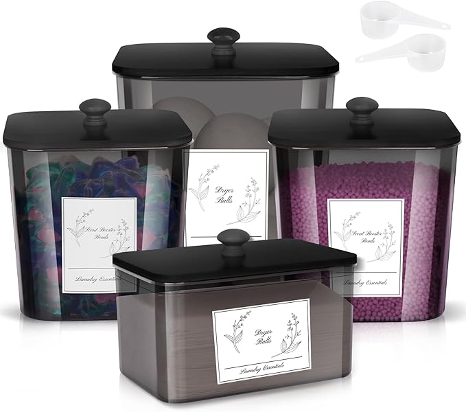 Zingbee 4 Pack Laundry Detergent Containers & Dryer Sheet Holder with Black Lids, Scoops & Labels - Plastic Laundry Organizer and Storage Jars for Pods, Detergent, Scent Booster