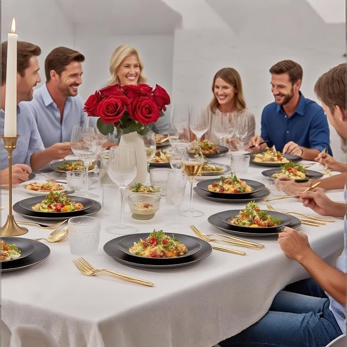 EI 80pcs Black and Gold Dinner Plates Disposable 10.25inch,Plastic Party Graduation Plates with Gold Rim,Black Plastic Matte plate Frosted Disposable Heavy Duty,Elegant for Wedding/Graduation