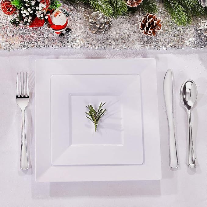 bUCLA 60Pieces White Plastic Plates - 9.5inch White Square Plates- Premium Hard Plastic Dinner Disposable for Weddings& Parties