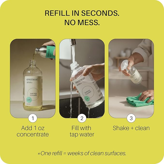 Everneat Probiotic Surface Cleaner Concentrate – Cleans for Days, Refillable, Non-Toxic | Refill Bottle Makes 4 Spray Bottles | Unscented | 4 oz (Just Add Water)
