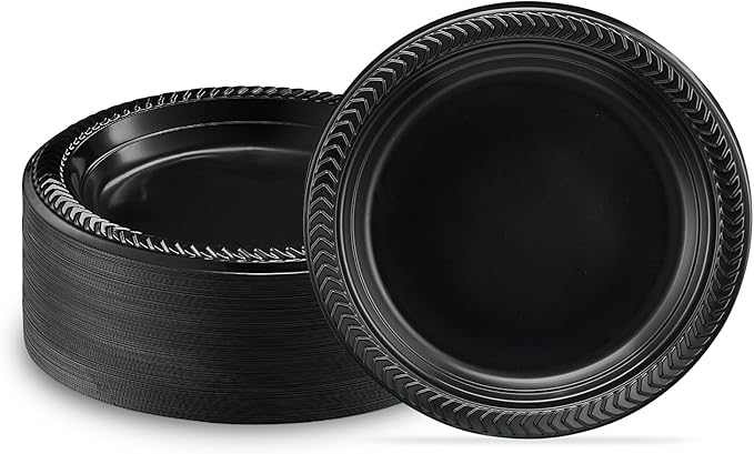 PLASTICPRO 200 PCS Black Plastic Plates Light Weight 6 Inch Plastic Dessert Plates Black Plates Disposable for Party and Wedding
