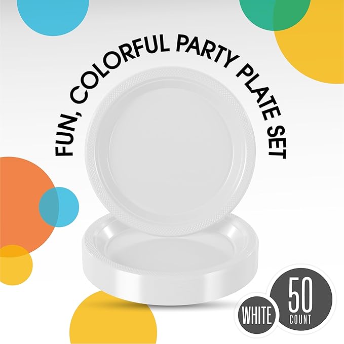 Exquisite 9 Inch White Plastic Dinner Plates - 50 Count Heavy Duty Disposable Set for Parties