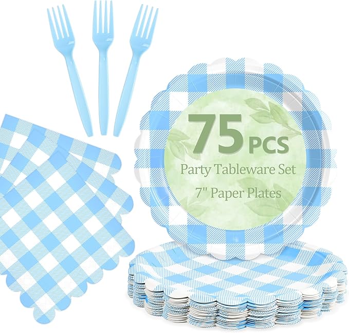 Mulbozy 75 Light Blue Gingham Plates and Napkins Disposable Set Includes 25 Dessert Cake Scalloped Plates, Cocktail Napkins & Forks, for Fork 25 Guests Holiday Party Supplies.