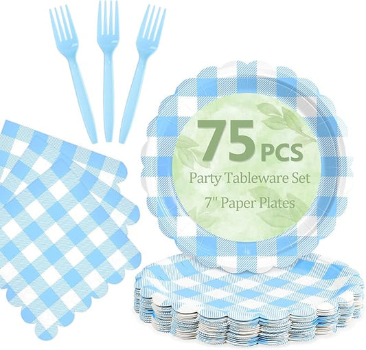 Mulbozy 75 Light Blue Gingham Plates and Napkins Disposable Set Includes 25 Dessert Cake Scalloped Plates, Cocktail Napkins & Forks, for Fork 25 Guests Holiday Party Supplies.