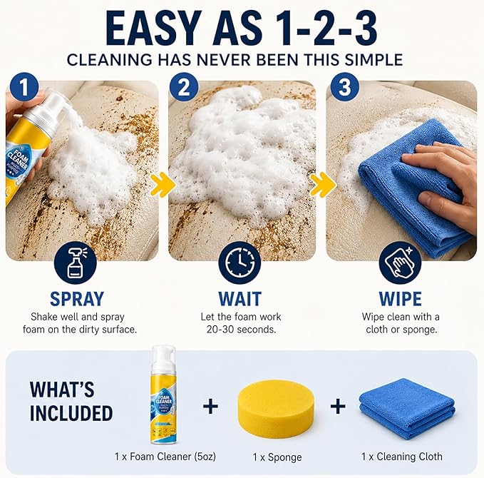 Multi-Enzyme Foam Cleaner Spray (5oz), Deep Cleaning No-Rinse Multi-Surface Foam for Car Interior, Sofa, Kitchen & Bathroom, Lemon Scent (2)