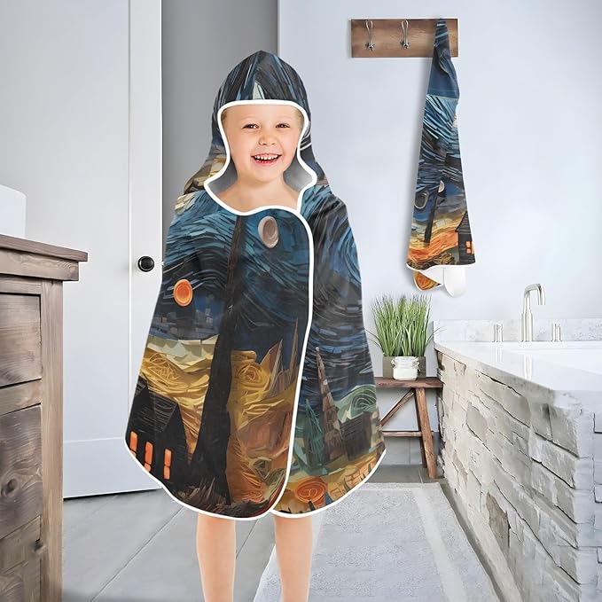 Hooded Towel for Kids House and Starry Night Oil Painting Beach Wrap Bath Towels 50x23.5in