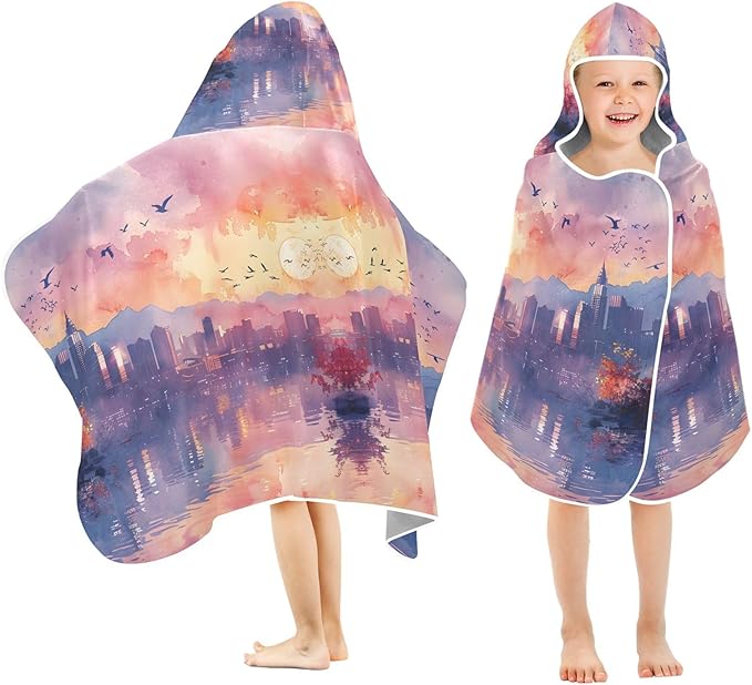 Hooded Towel for Kids Sketch of Bird in City Sky Beach Wrap Bath Towels 50x23.5in