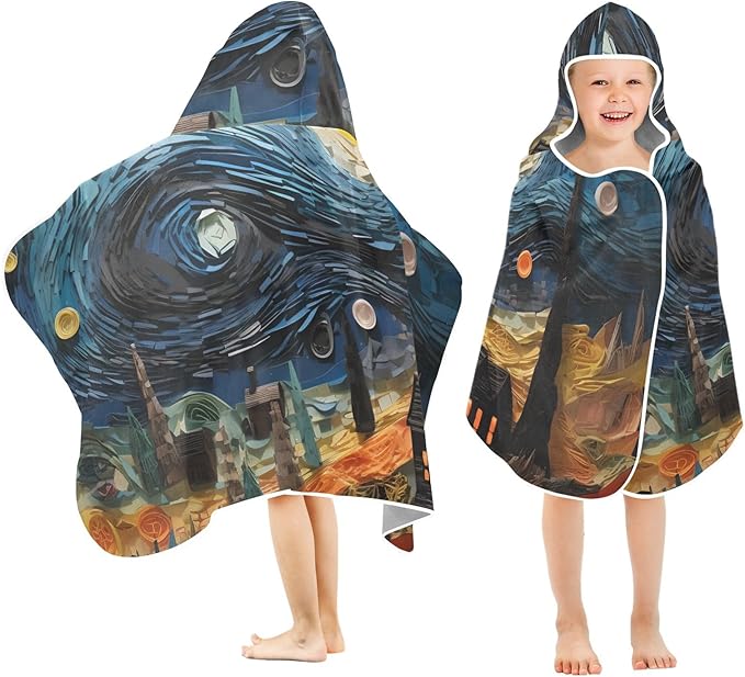 Hooded Towel for Kids House and Starry Night Oil Painting Beach Wrap Bath Towels 50x23.5in