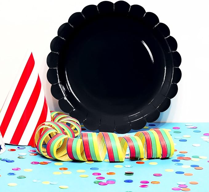HEIPINIUYE 25 Pieces Black Paper Plates 7 Inch Black Scalloped Plates Disposable Dinner Plate for Wedding Baby Shower Birthday Halloween Party Dessert Plate