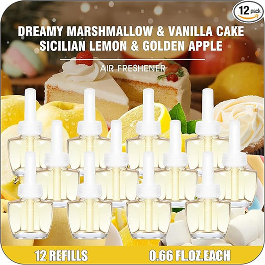 Plug-In Air Freshener Refills, Dreamy Marshmallow, Sicilian Lemon, Golden Apple & Vanilla Cake, 12 Pack, 7.92 Fl Oz Wall Plug In Refill for Home – Compatible with Air Wick & Glade, Not for Glade Plus