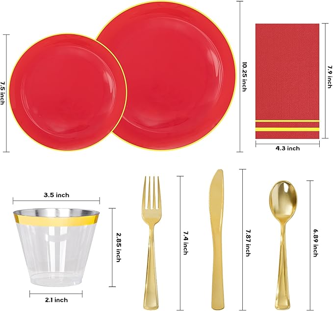 NOCCUR 350PCS Red Plastic Plates - Disposable Red Gold Dinnerware Set for 50 Guests, 100 Dinner/Dessert Plates, 150 Gold Silverware, 50 Cups&50 Napkins for Party/Wedding/Mother's Day