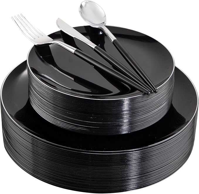 DaYammi 30 Guests Black Plastic Plates with Disposable Silverware,Silver Cutlery with Black Handle,Silver Disposable Dinnerware:60 Dinner/Dessert Plates,90 Plastic Silverware Set for Party Wedding