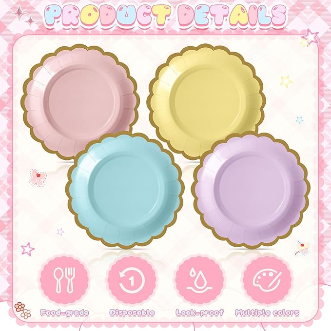 96 Pcs Pastel Paper Plates 7 Inch Easter Scalloped Disposable Dessert Plate for Coquette Bridal Pink Bow Wedding Birthday Baby Shower Party Supplies