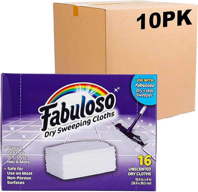 Fabuloso Dry Cloths Sweeping Pads, 16 Count, Disposable Dry Cloths for Use with Fabuloso Dry and Wet Sweeper, Traps and Locks Dirt, Dust, and Hair, 10.4 x 8 Inches Each - 10 Pack