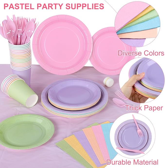 Kochorie 169 Pieces Pastel Party Supplies Disposable Dinnerware Set Include Plates and Cups Napkins Plastic Forks Knives Spoons Tablecloth for Wedding Birthday Party Decorations, Serve 24 Guests