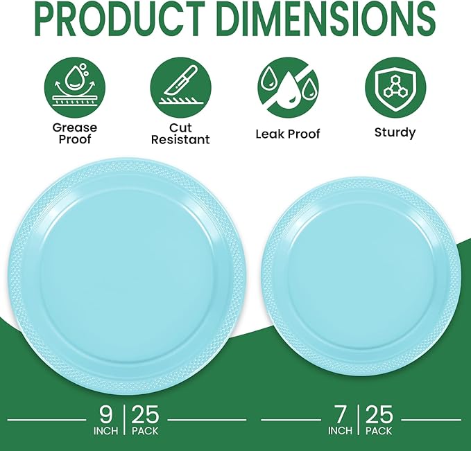 LANLISA 50 Pcs Light Blue Plastic Plates For Party, 25-9" & 25-7" Disposable Cake Dessert Plates For Birthday, Baby Shower, Easter Dinner