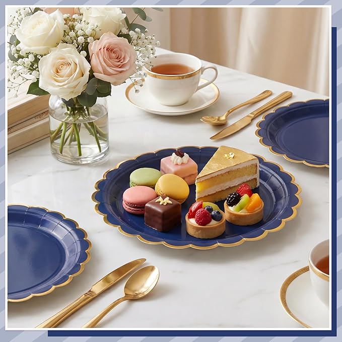 NatNarr 30 Pcs Navy Blue Paper Plates 9 Inch Scalloped Blue and Gold Party Plates Cute Dessert Cake Plate for Men Birthday, Fathers Day, Graduation